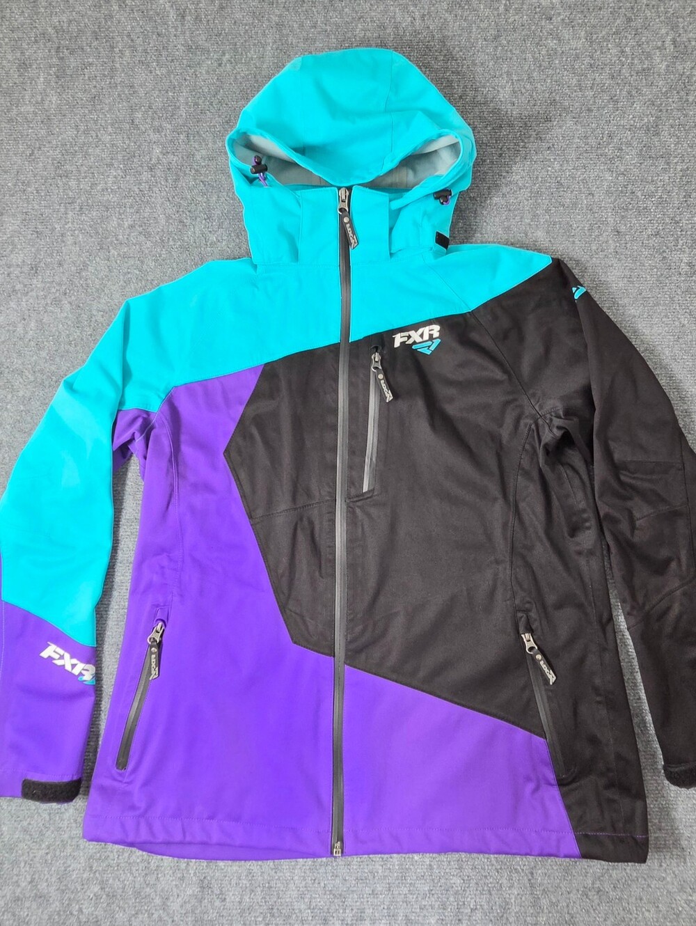FXR Edge Lite Trilaminate Lightweight Jacket Womens 12 Black Blue Purple Hooded